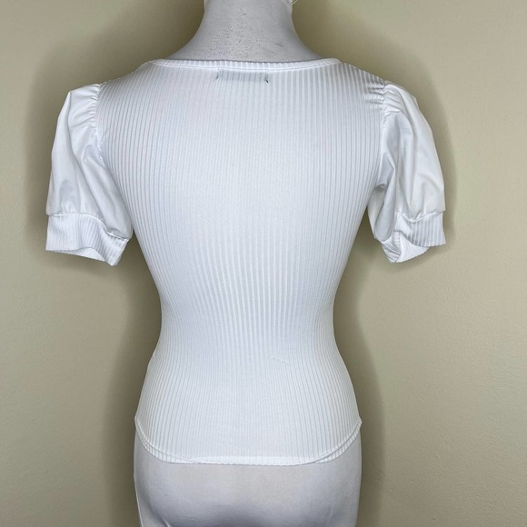 Jolie & Joy Ribbed Top SMALL Keyhole Twist Front Puff Sleeve Crewneck Chic Women - Picture 4 of 8